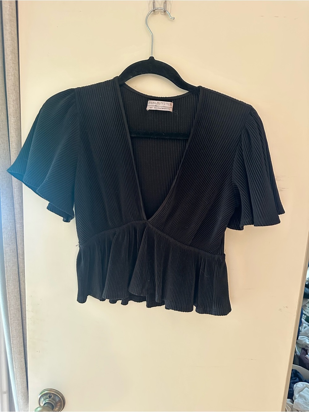 Urban Outfitters Black Pleated Deep V-Neck Peplum Blouse